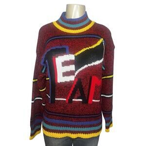 Vintage JJ Fargo Sweater Womens Medium Red Abstract Team Graphic Knit 80s